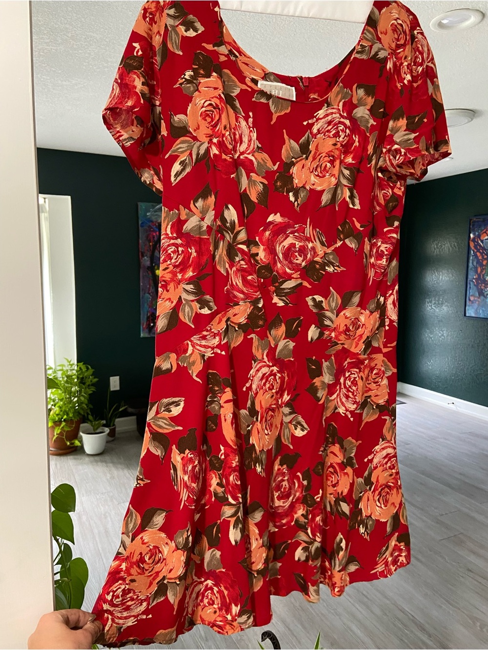 Red dress with lovely orange roses